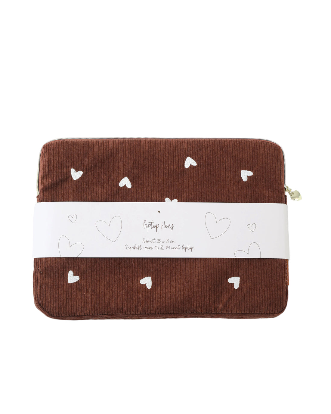 Laptophoes chocolade bruin - Laptop Sleeve Chocolate met geborduurde hartjes - Stationery &amp; Gift 
