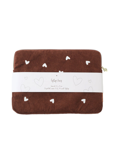 Laptophoes chocolade bruin - Laptop Sleeve Chocolate met geborduurde hartjes - Stationery &amp; Gift 