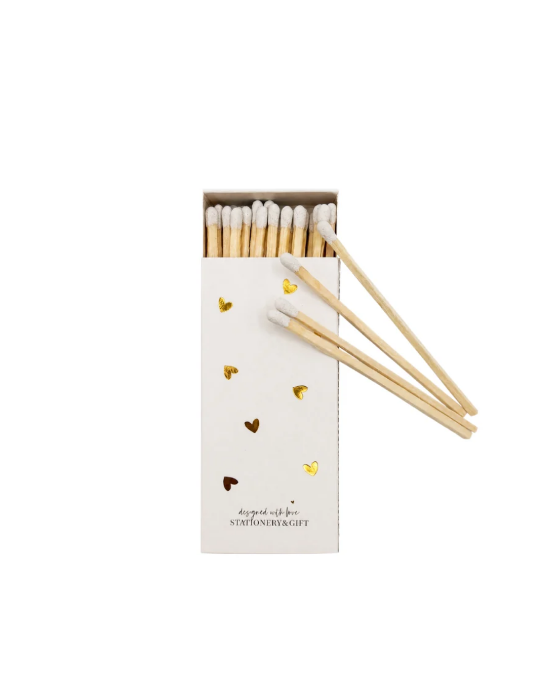 Lucifers met witte tip - wit goudfolie hartjes - Stationery &amp; Gift