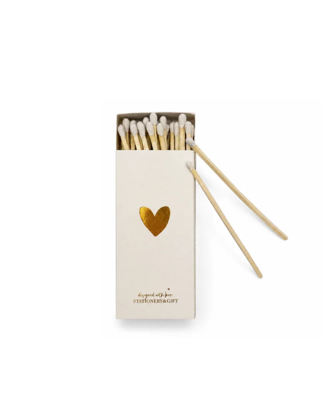 Lucifers met witte tip - wit met goud hartje goudfolie - Stationery & Gift