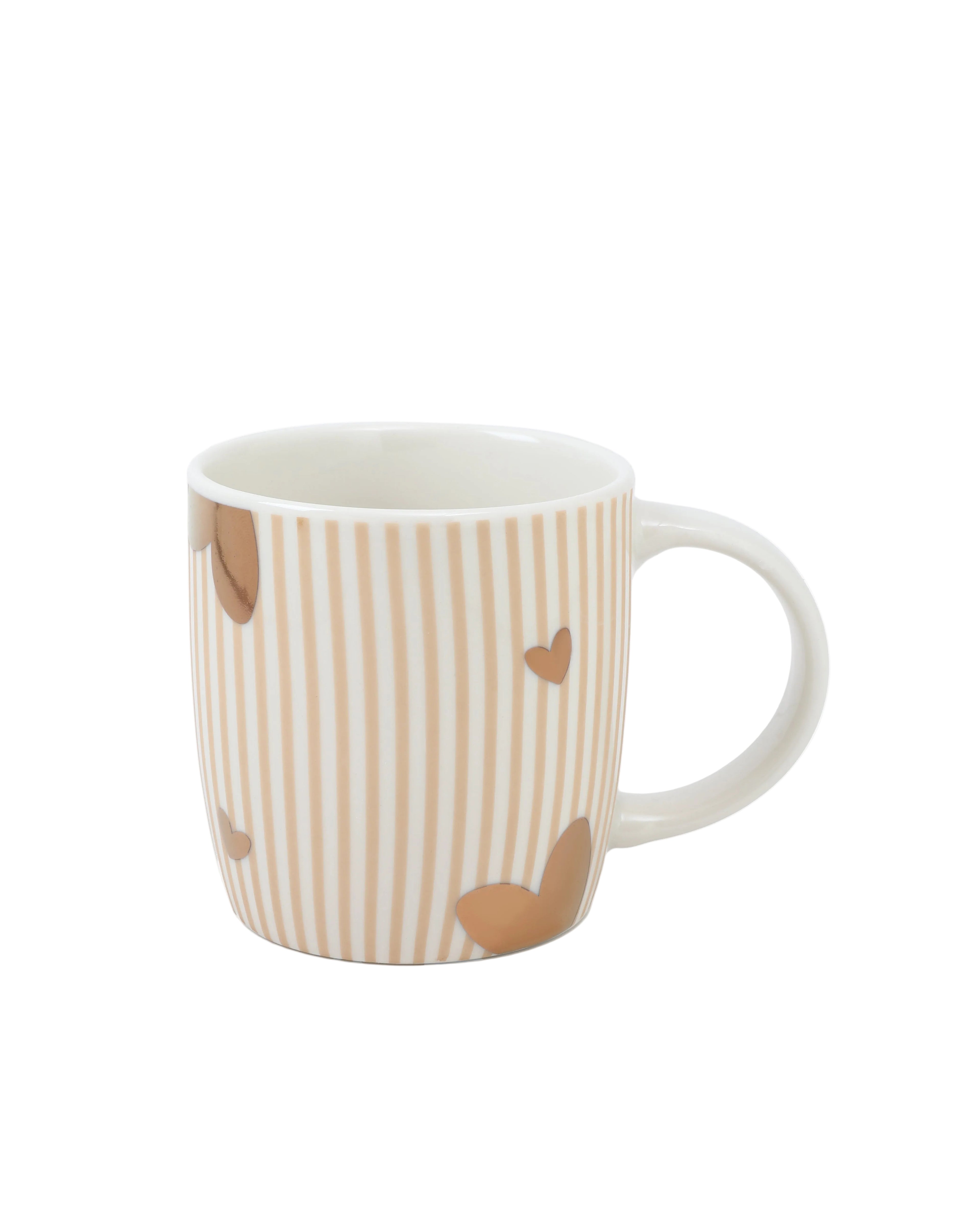 Mok Beige streep met gouden hartjes - Stationery &amp; Gift
