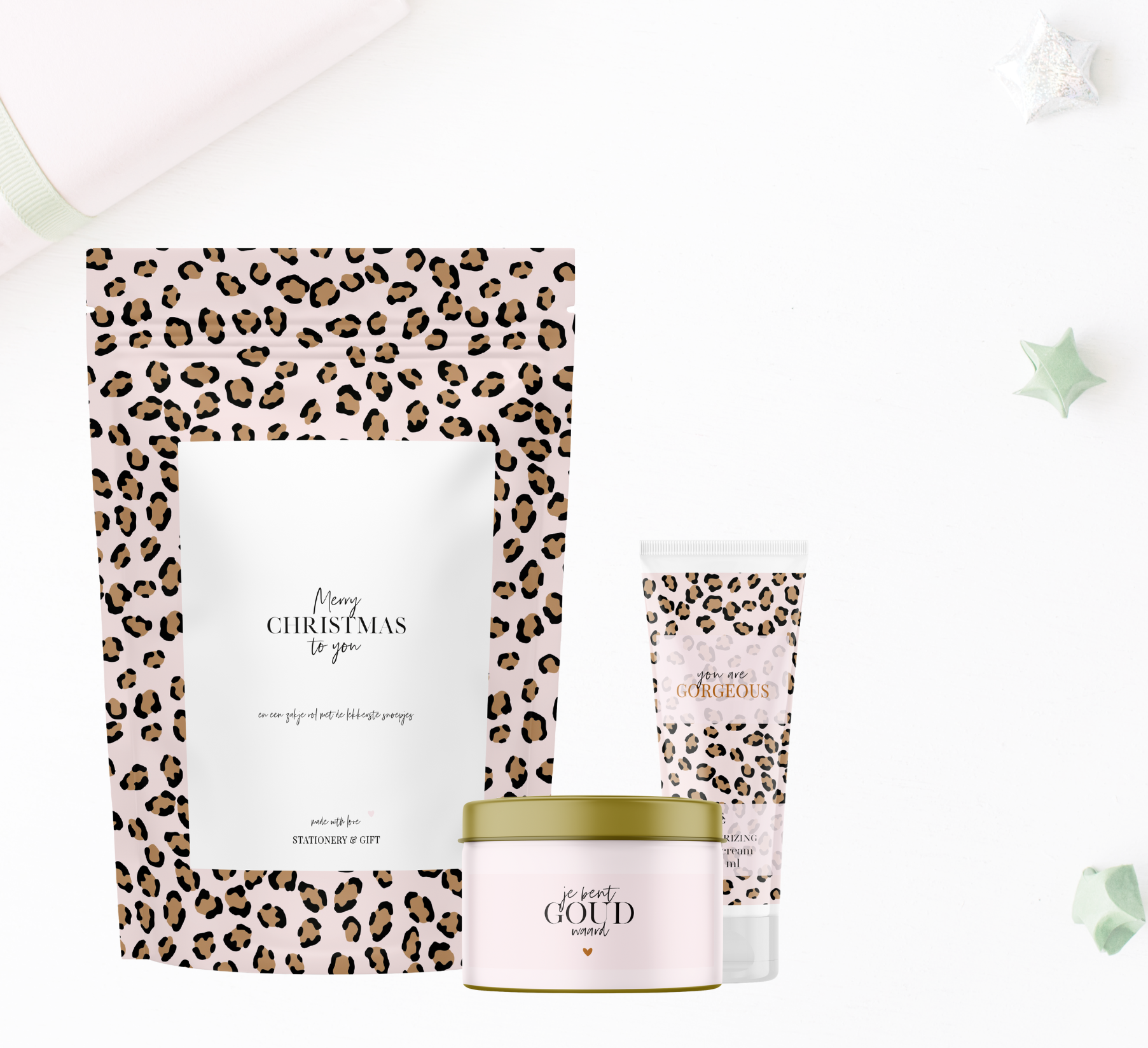 Giftset | Snoepzak, Geurkaars &amp; Handlotion | Pink Leopard